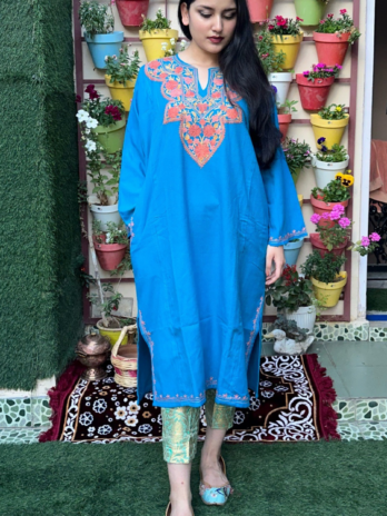 Kashmilon Wool Stiched Aari Work Feran Blue