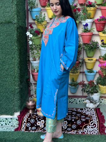 Kashmilon Wool Stiched Aari Work Feran Blue