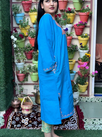 Kashmilon Wool Stiched Aari Work Feran Blue