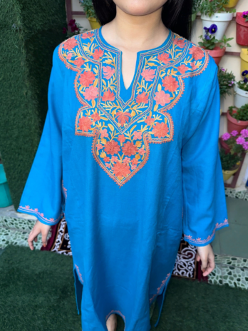 Kashmilon Wool Stiched Aari Work Feran Blue