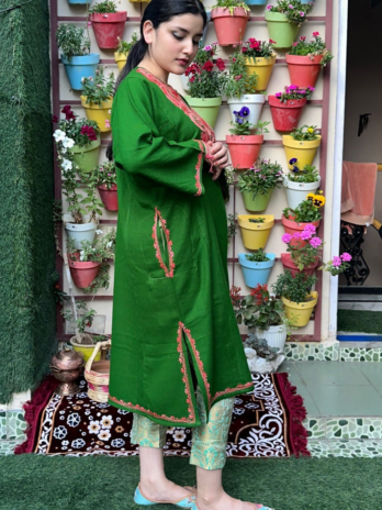 Kashmilon Wool Stiched Aari Work Feran Green
