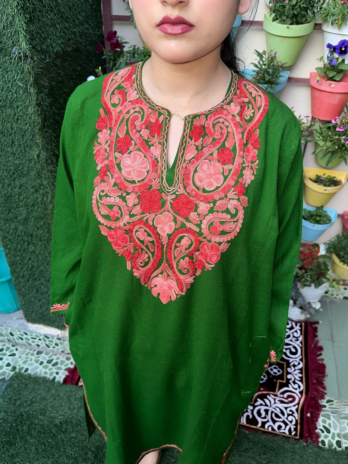 Kashmilon Wool Stiched Aari Work Feran Green