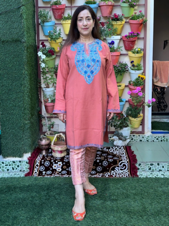 Kashmilon Wool Stiched Aari Work Kurti Pink