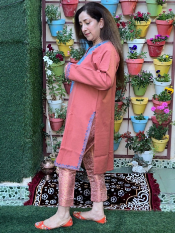 Kashmilon Wool Stiched Aari Work Kurti Pink
