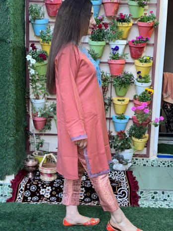 Kashmilon Wool Stiched Aari Work Kurti Pink