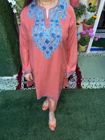Kashmilon Wool Stiched Aari Work Kurti Pink