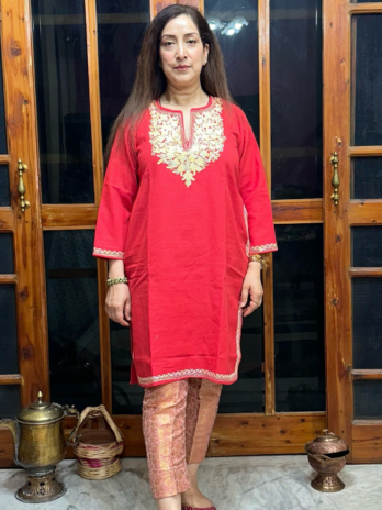 Kashmilon Wool Stiched Aari Work Kurti Red