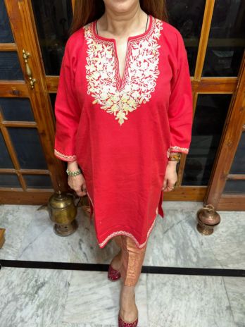 Kashmilon Wool Stiched Aari Work Kurti Red